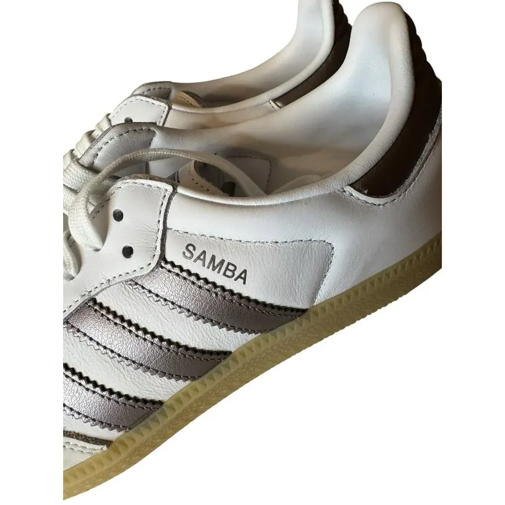 adidas NEW Samba OG Womens Low Top Leather Sneakers White/Coffee Metallic Bronze